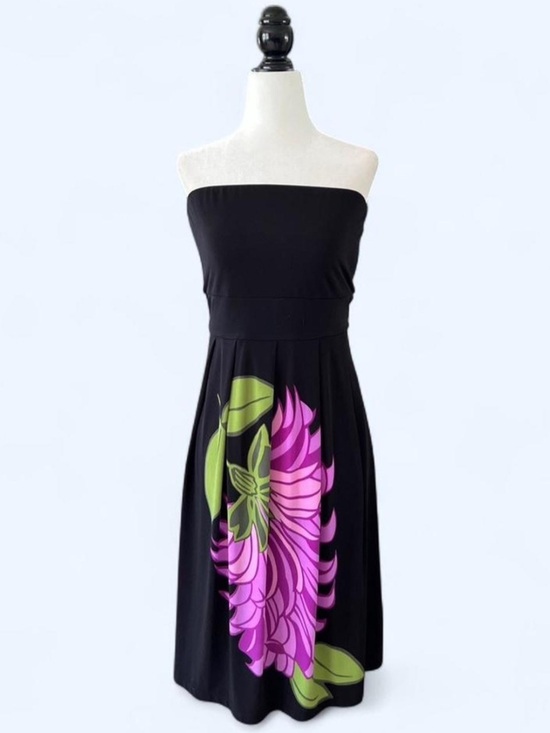Suzy Shier Dresses & Skirts - Y2K Strapless Black Dress with Pink & Green Floral Print Coastal Beachy Summer